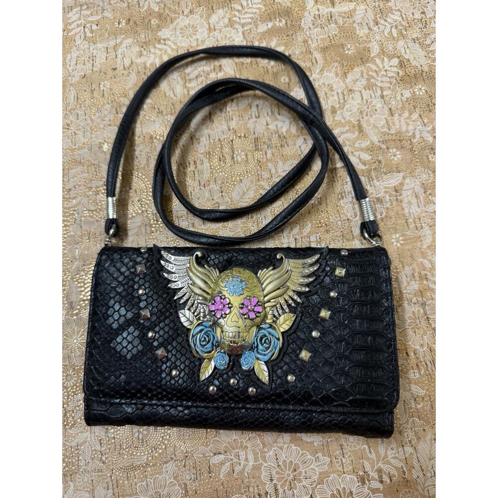 Skull Winged Rhinestone Crossbody Wrist Strap Trifold Wallet Black Leather Cards